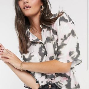 ASOS Pink White and Gray Tie-Dye Short-Sleeve Button Down Top